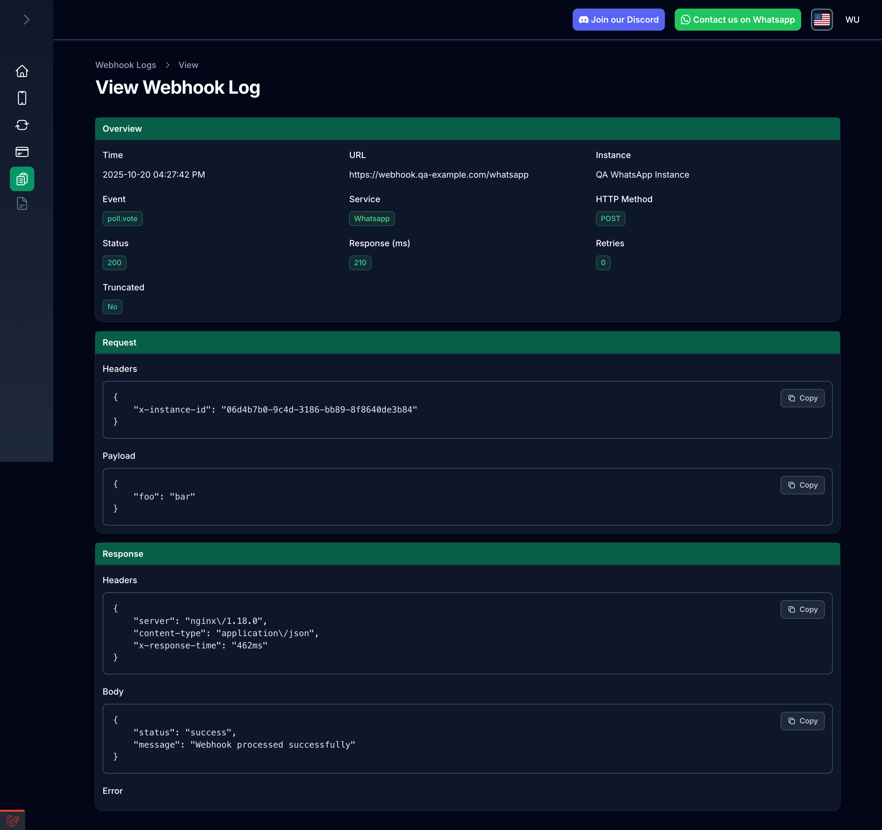 عرض تفاصيل سجل الـWebhook يوضح headers الطلب، الـpayload، headers الرد والمحتوى مع أزرار النسخ