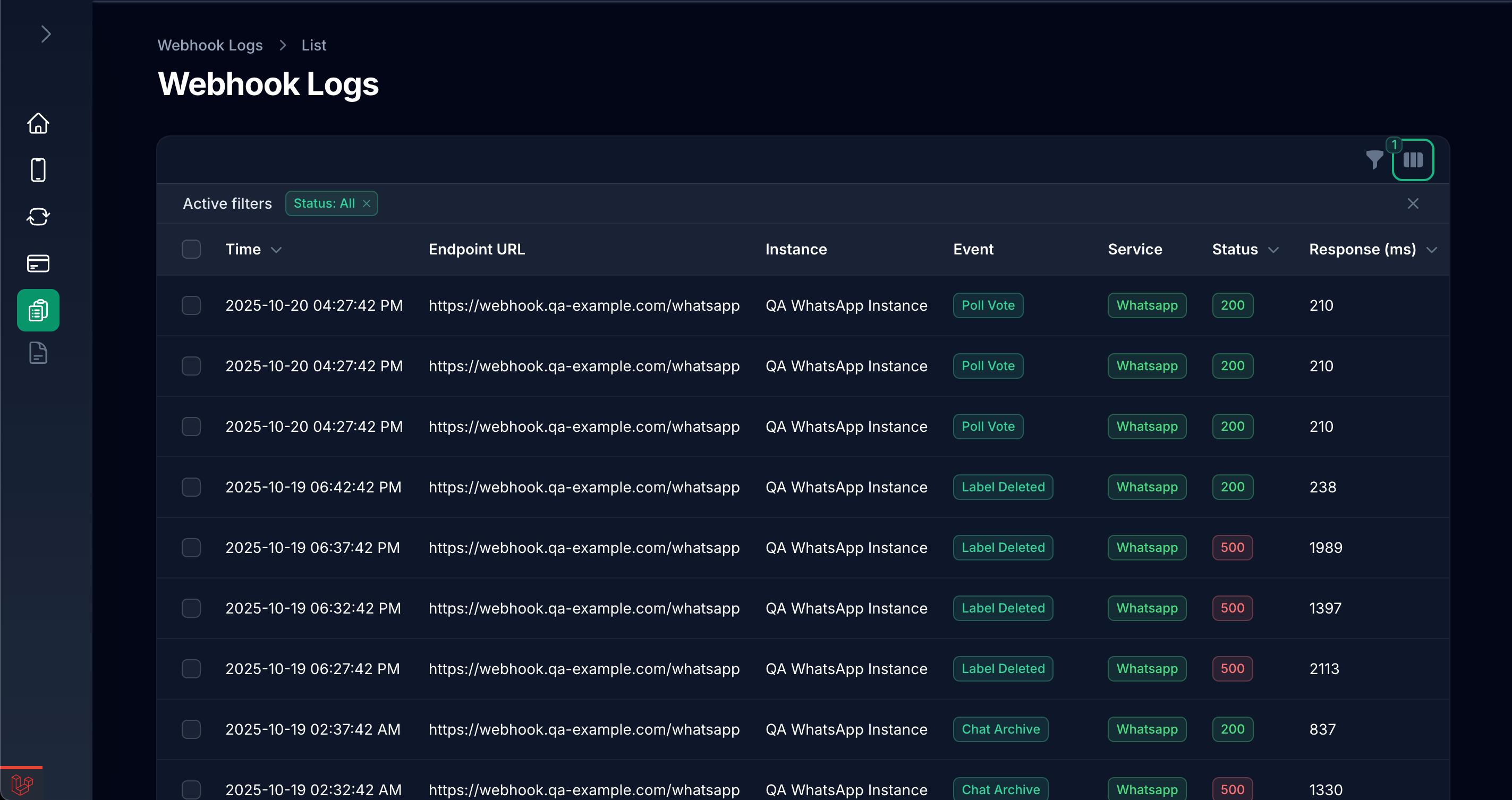 عرض قائمة سجلات الـWebhook يوضح الفلاتر، الحالة، وقت الاستجابة، والـendpoints